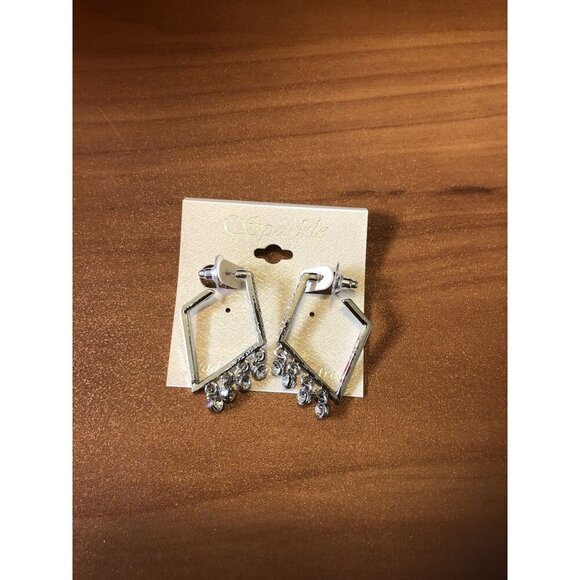 Sparkle Women's Silver Tone Geometric Drop Earrings With Rhinestone Accents - Picture 4 of 5